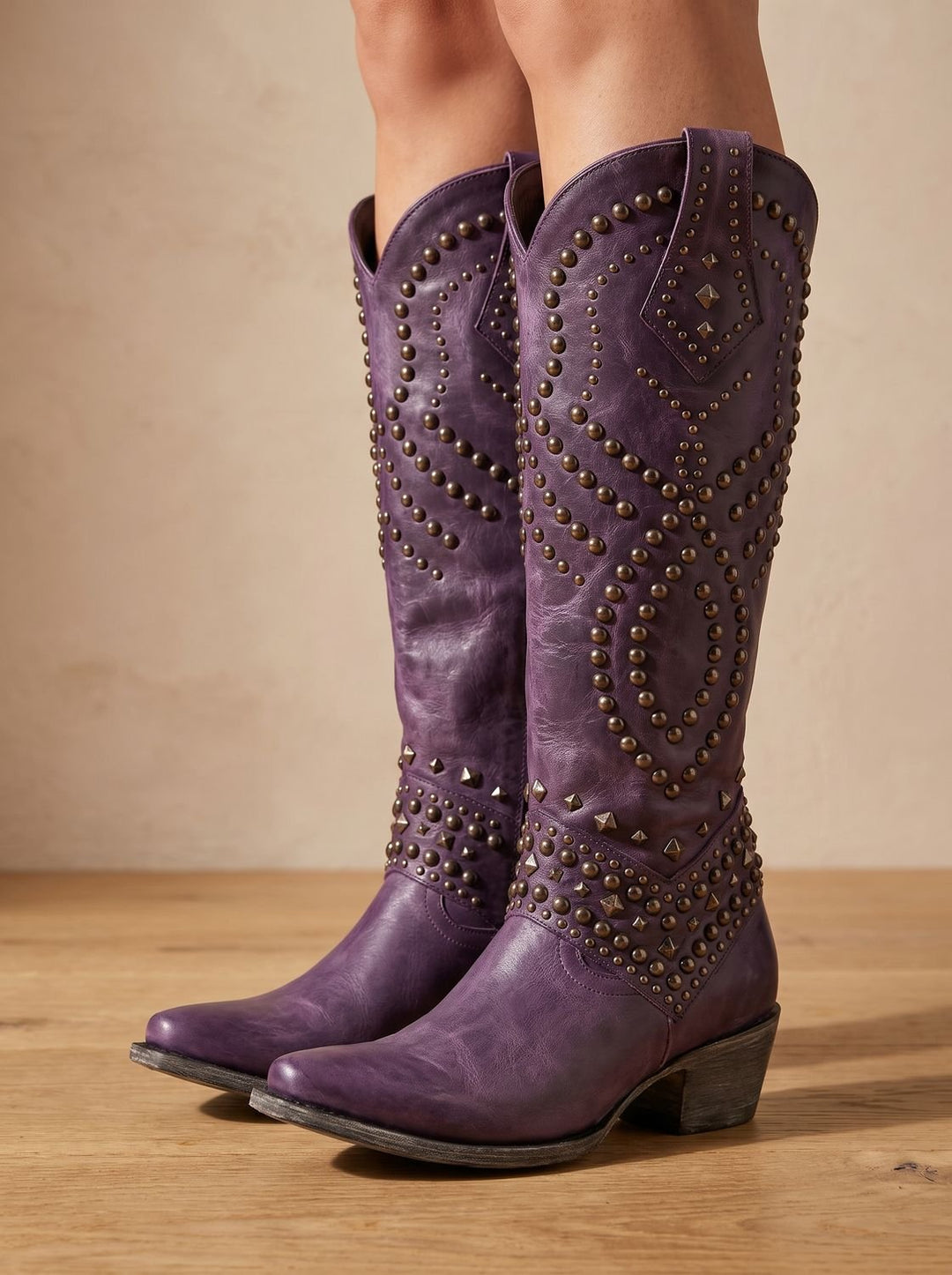 Women's Studded Knee-High Orthopedic Cowboy Boots Pointed Toe - Purple