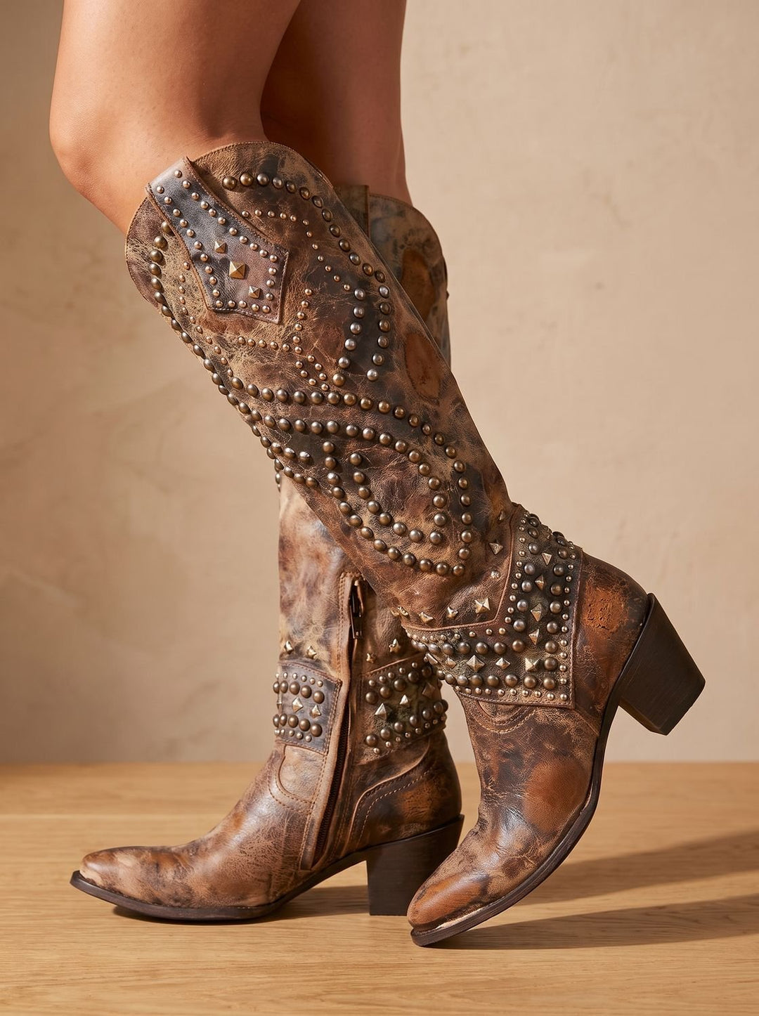 Women's Studded Knee-High Orthopedic Cowboy Boots Pointed Toe - Brown