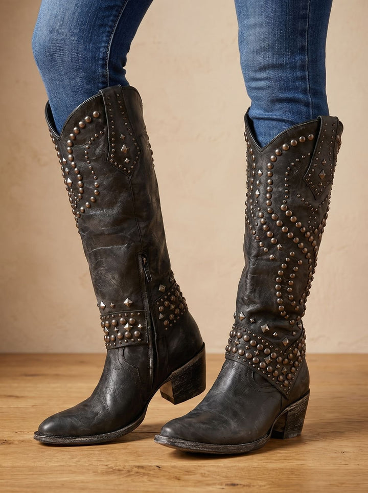 Women's Studded Knee-High Orthopedic Cowboy Boots Pointed Toe - Black
