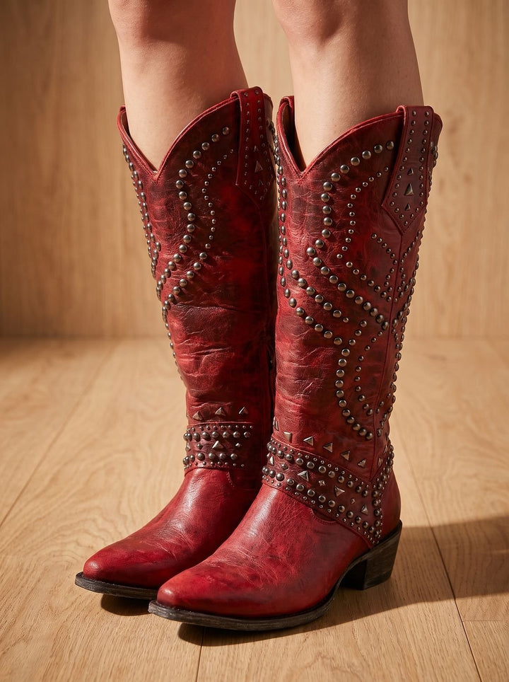 Women's Studded Knee-High Orthopedic Cowboy Boots Pointed Toe - Red