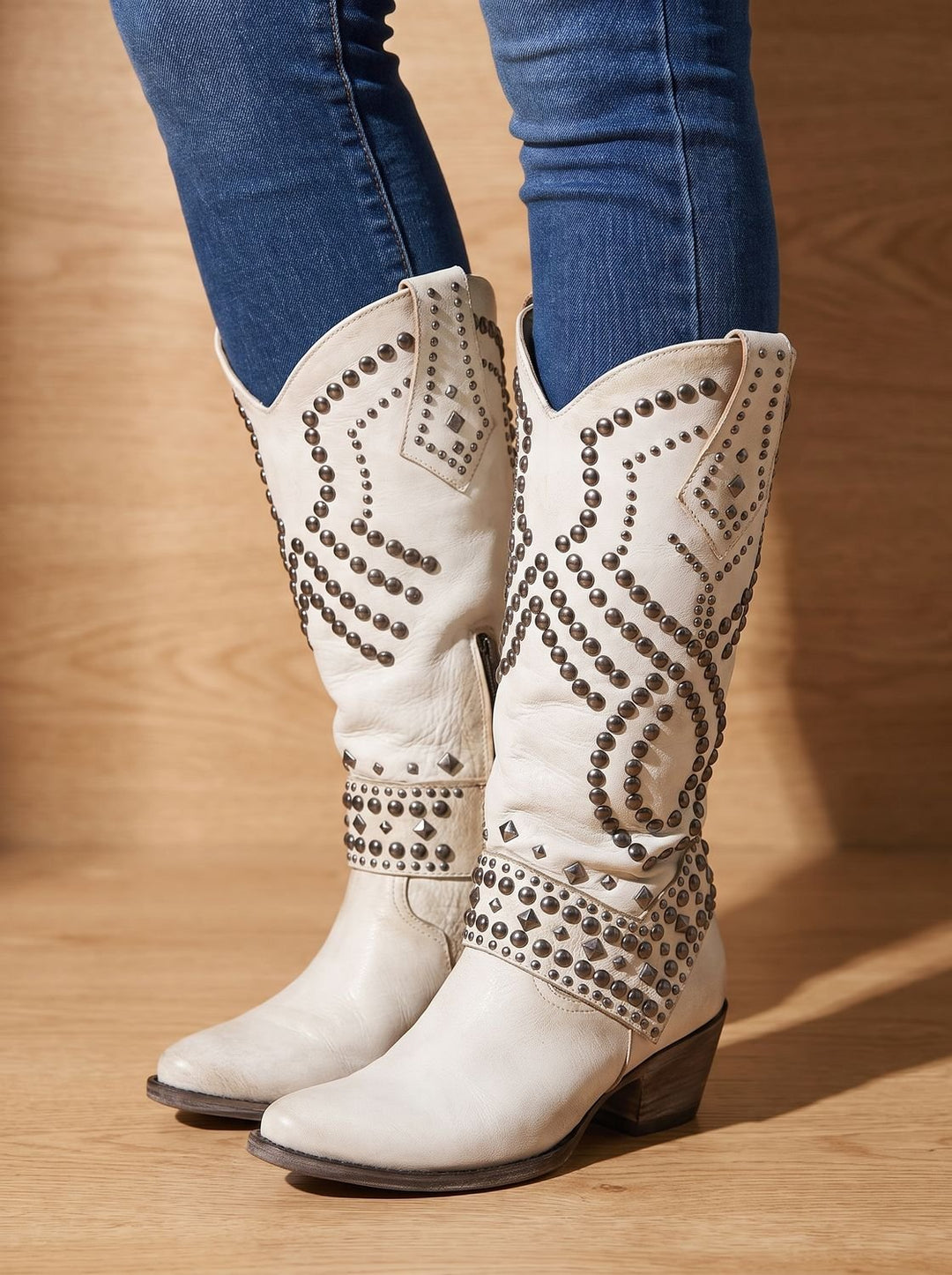 Women's Studded Knee-High Orthopedic Cowboy Boots Pointed Toe - White