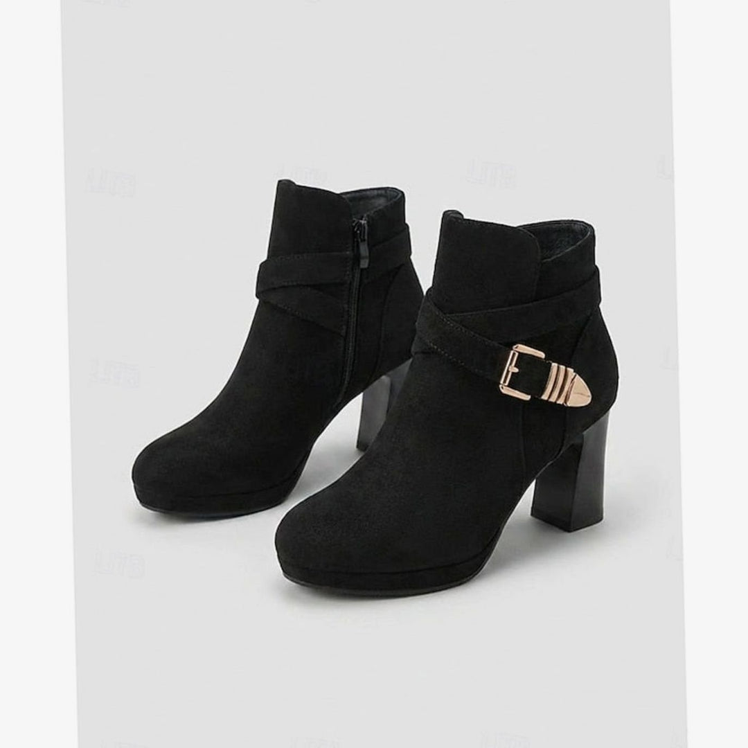 Women's Suede Buckle-Strap Block Heel Ankle Boots - Black