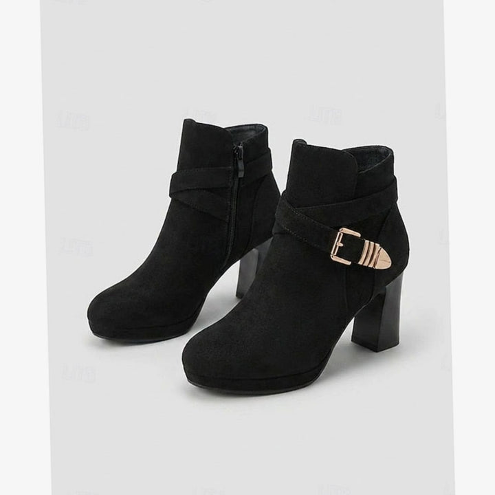 Women's Suede Buckle-Strap Block Heel Ankle Boots - Black