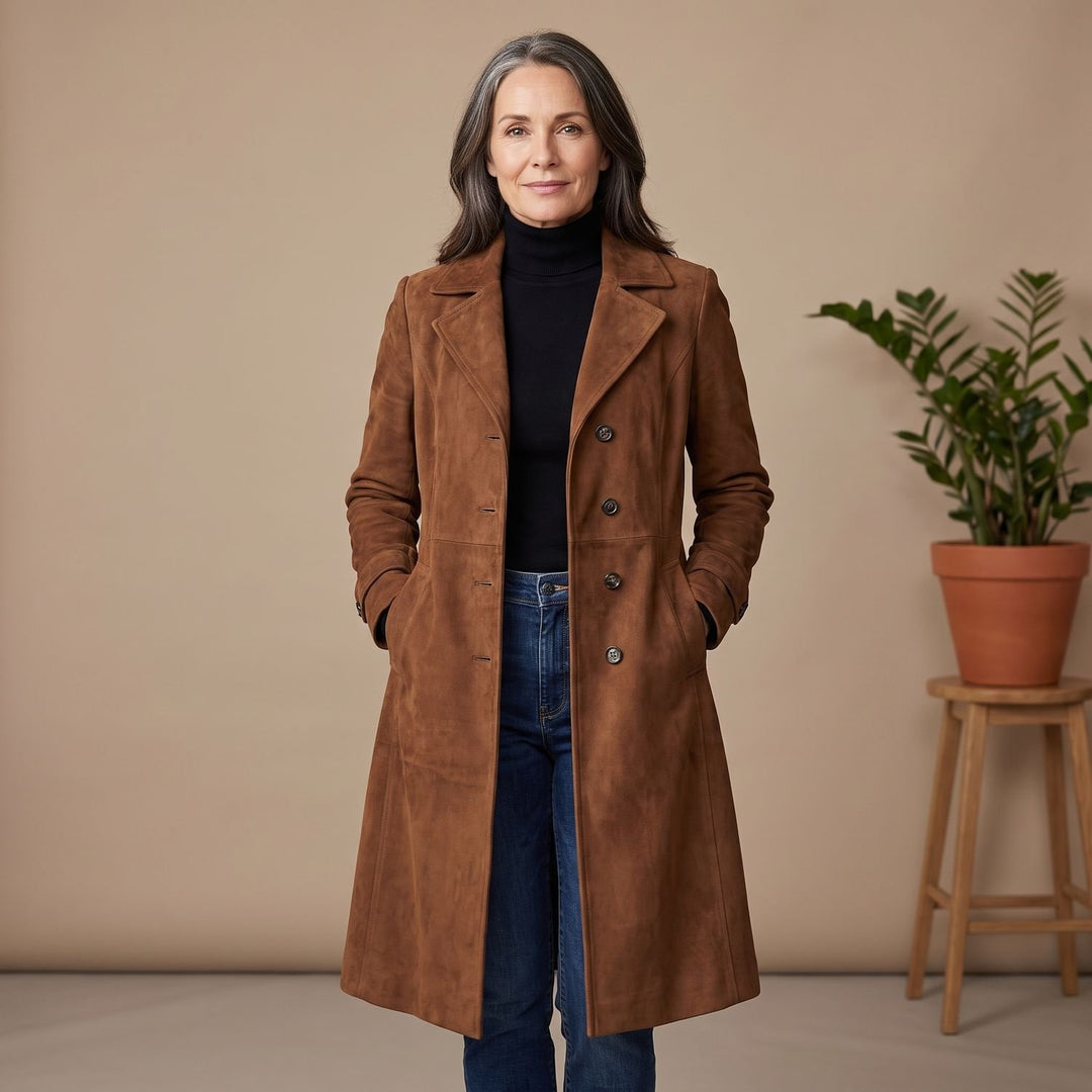 Women's Suede-Effect Button-Front Knee-Length Coat
