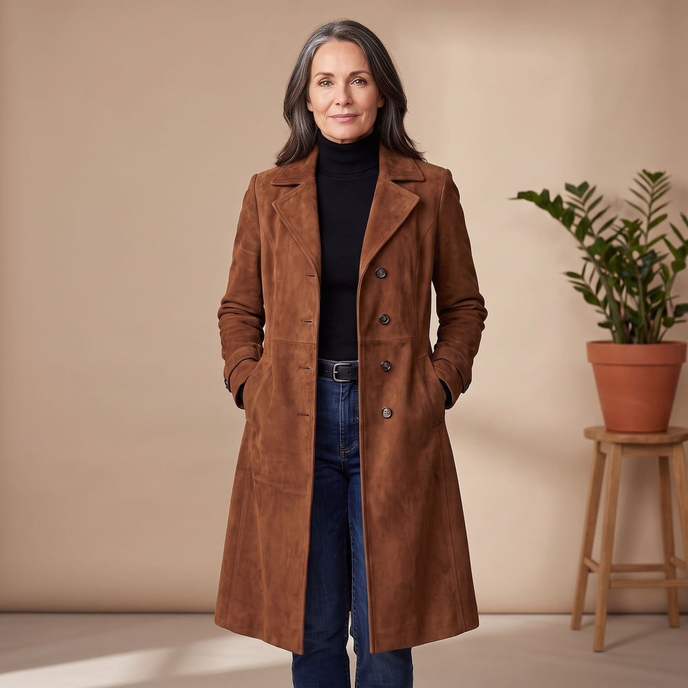 Women's Suede-Effect Button-Front Knee-Length Coat