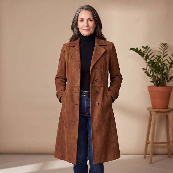 Women's Suede-Effect Button-Front Knee-Length Coat