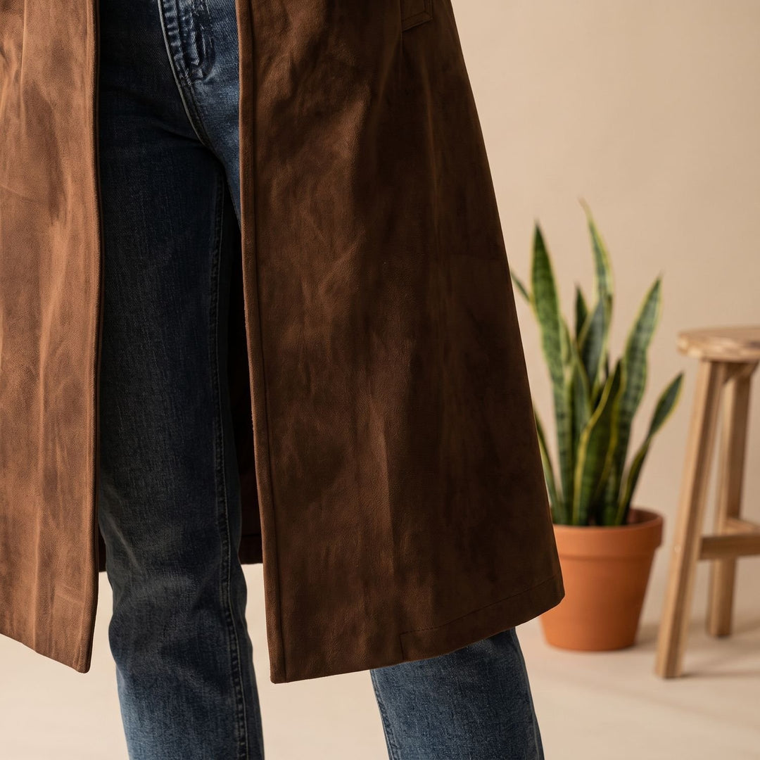 Women's Suede-Effect Button-Front Knee-Length Coat