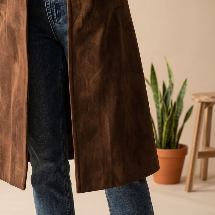 Women's Suede-Effect Button-Front Knee-Length Coat