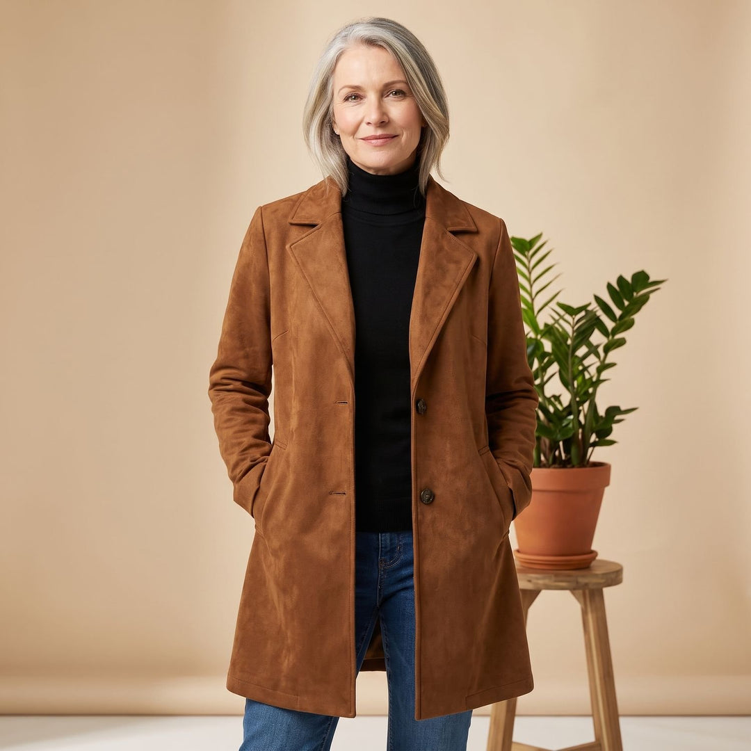 Women's Suede-Effect Button-Front Knee-Length Coat