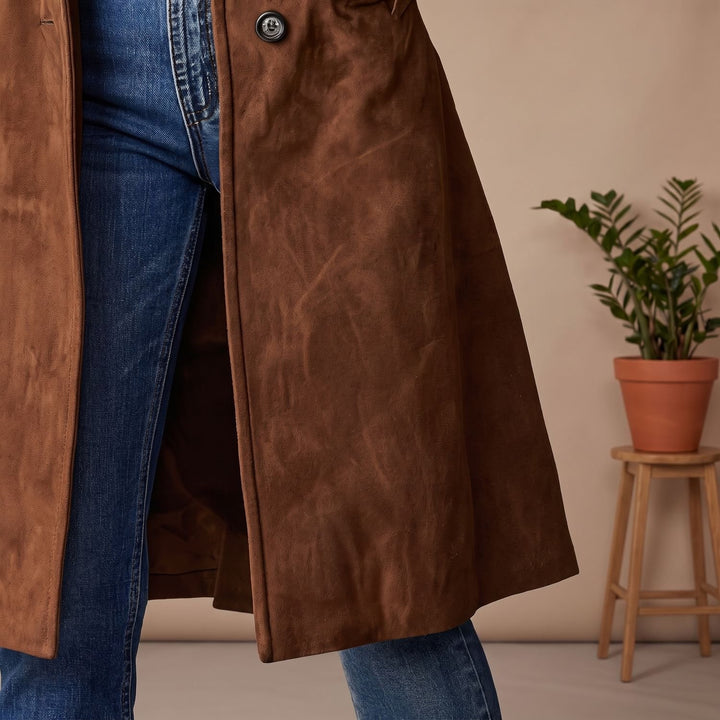 Women's Suede-Effect Button-Front Knee-Length Coat