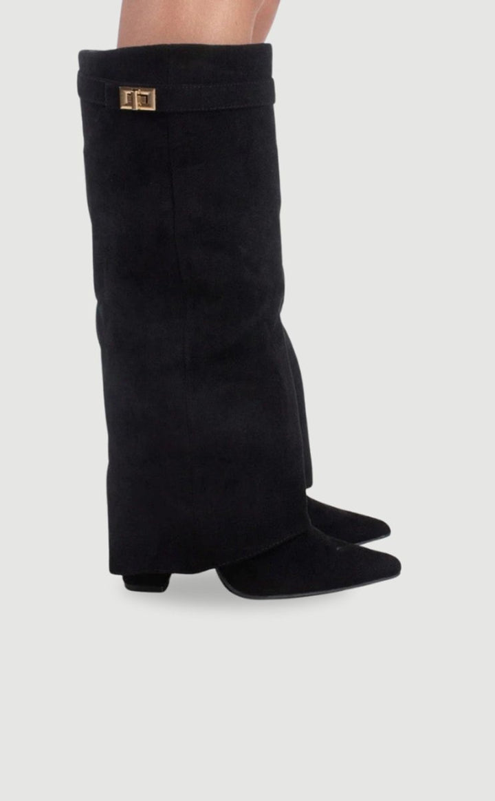 Women's Suede Fold-Over Knee-High Boots Gold Clasp