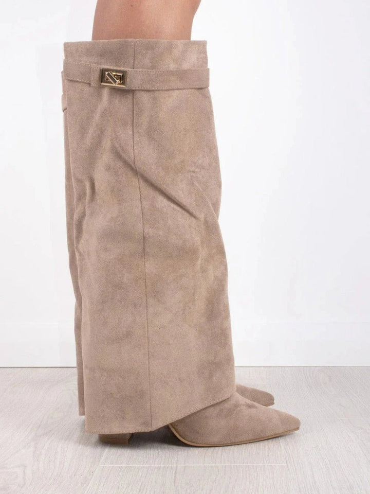 Women's Suede Fold-Over Knee-High Boots Gold Clasp - Beige