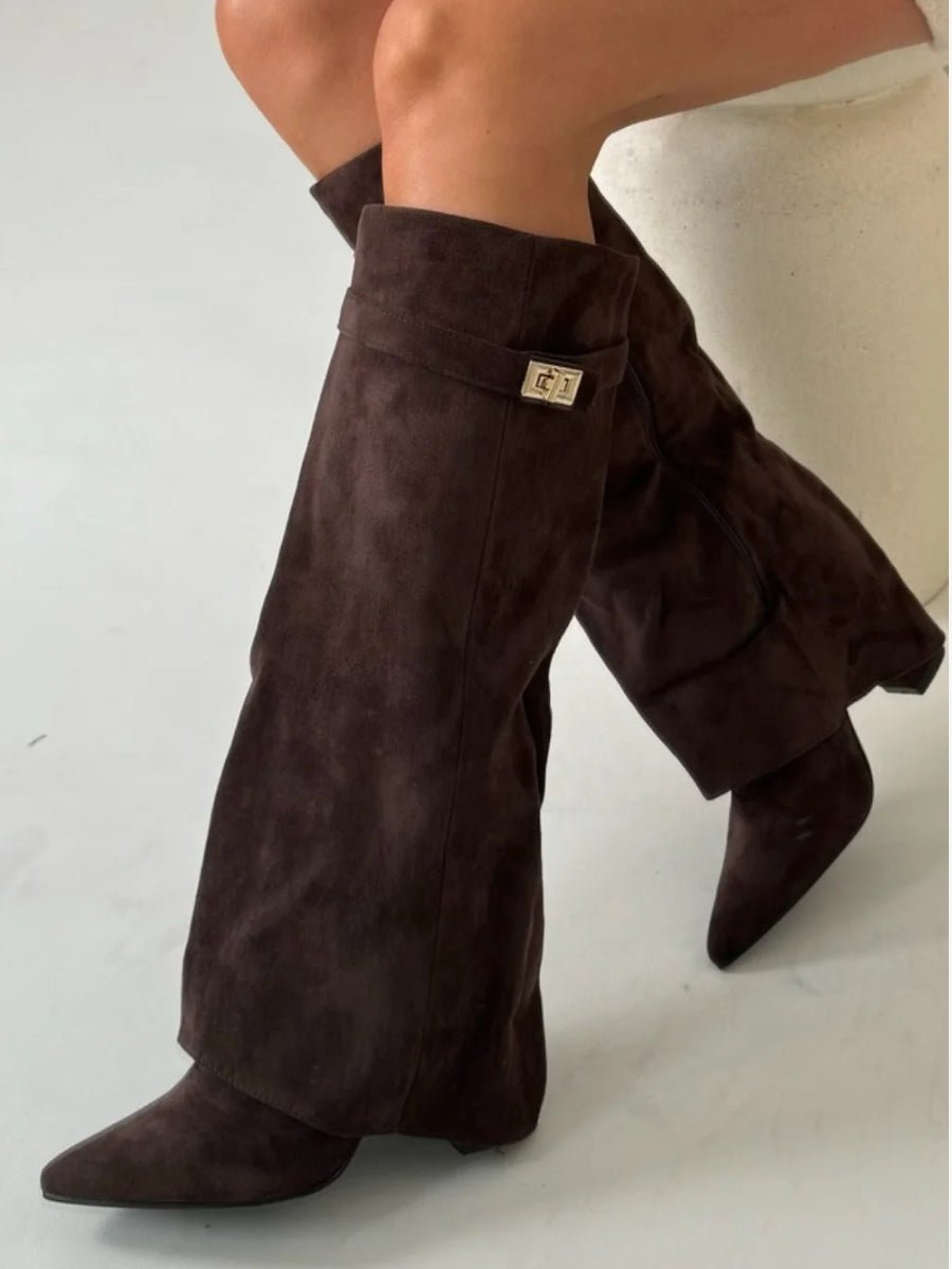 Women's Suede Fold-Over Knee-High Boots Gold Clasp