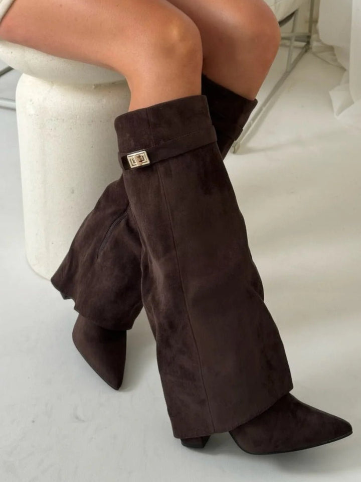 Women's Suede Fold-Over Knee-High Boots Gold Clasp