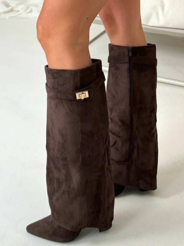 Women's Suede Fold-Over Knee-High Boots Gold Clasp - Dark Brown