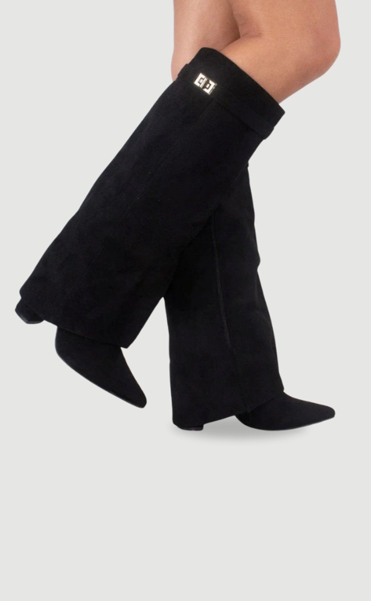 Women's Suede Fold-Over Knee-High Boots Gold Clasp
