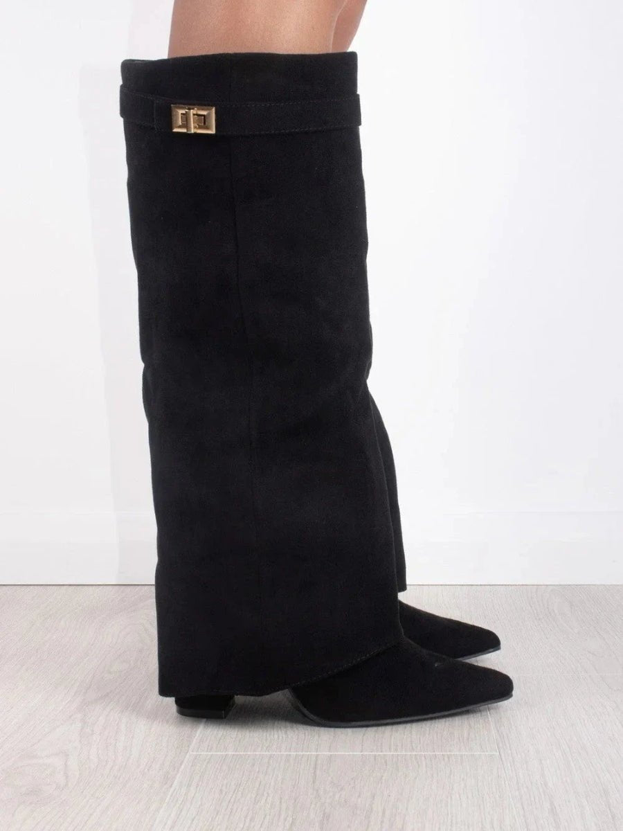 Women's Suede Fold-Over Knee-High Boots Gold Clasp - Black