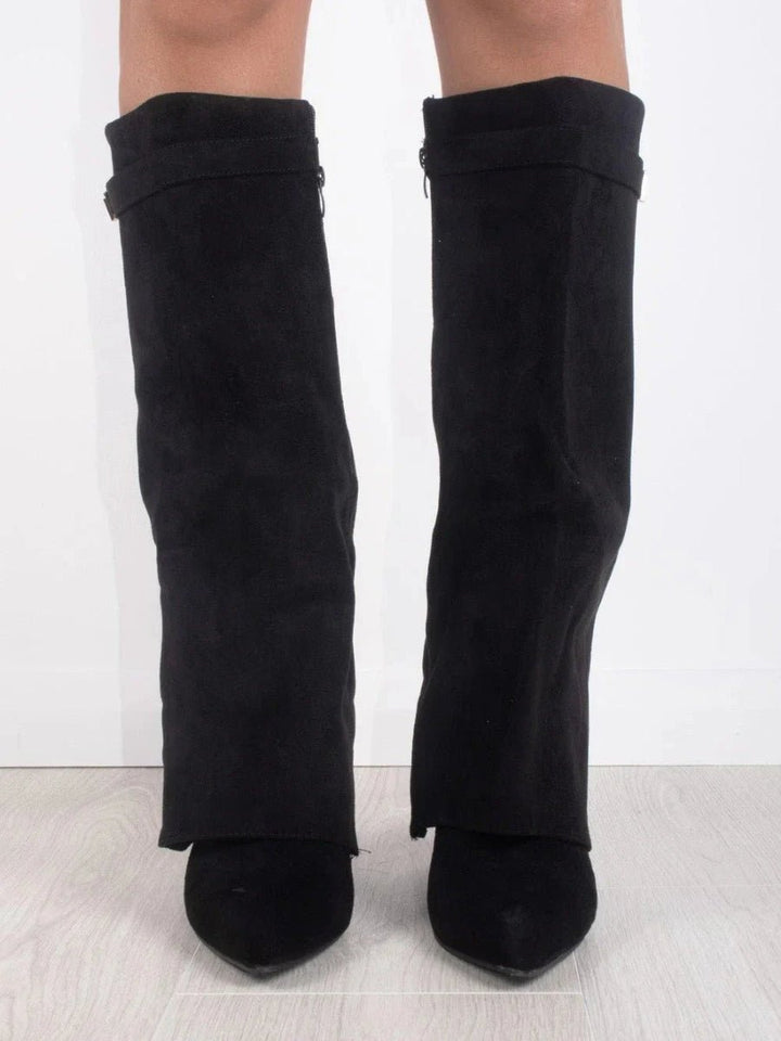 Women's Suede Fold-Over Knee-High Boots Gold Clasp