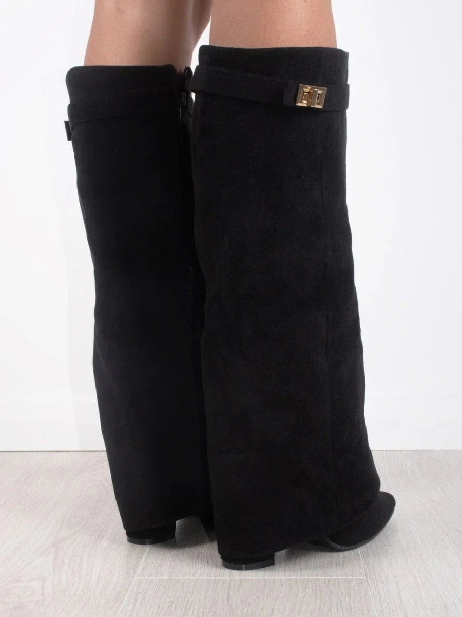 Women's Suede Fold-Over Knee-High Boots Gold Clasp