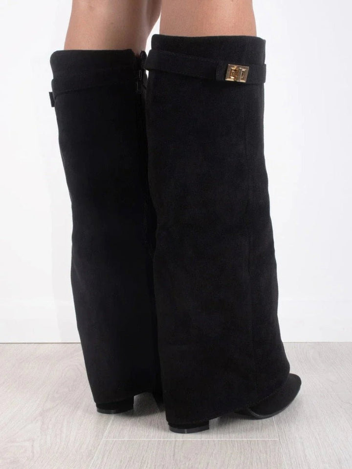 Women's Suede Fold-Over Knee-High Boots Gold Clasp