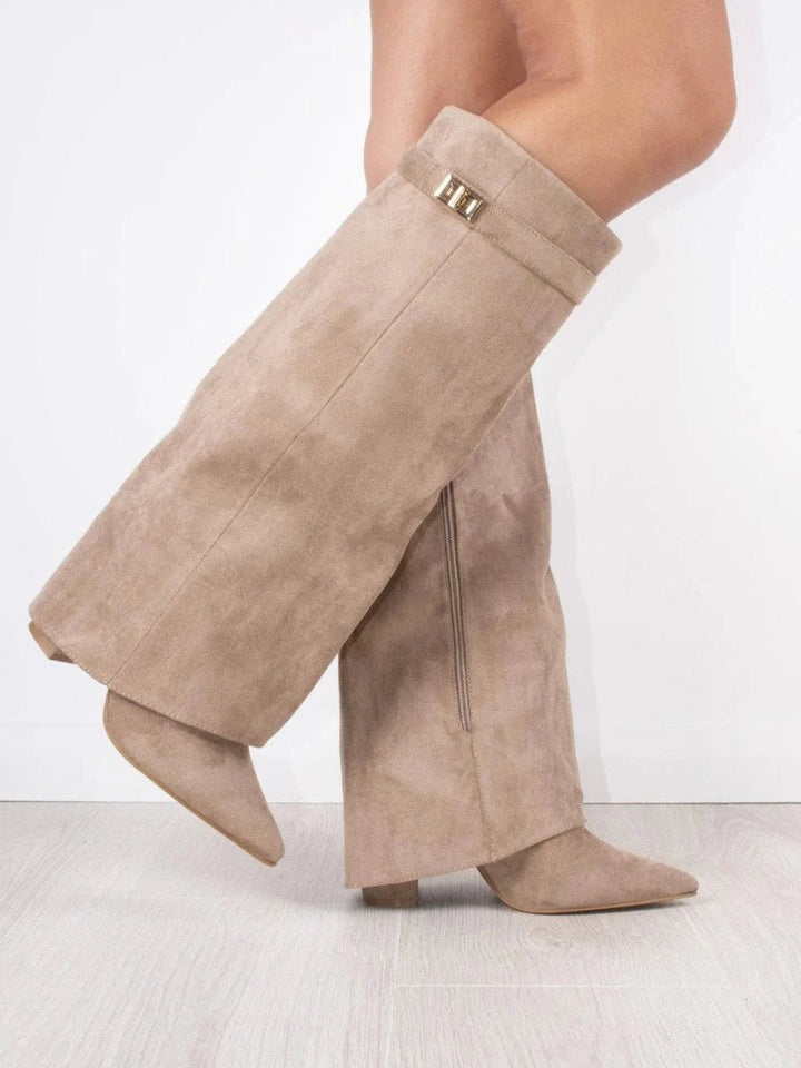 Women's Suede Fold-Over Knee-High Boots Gold Clasp