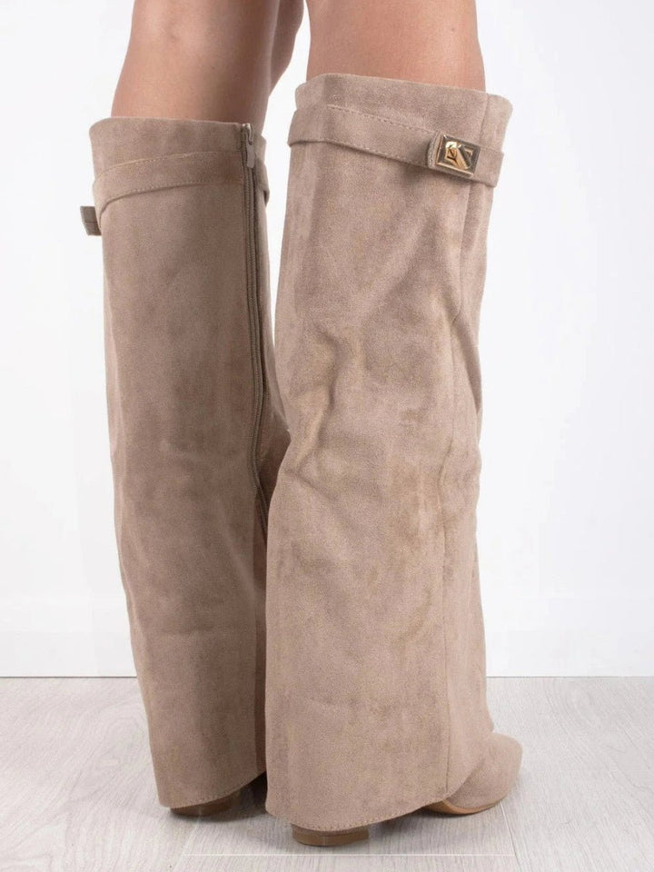 Women's Suede Fold-Over Knee-High Boots Gold Clasp