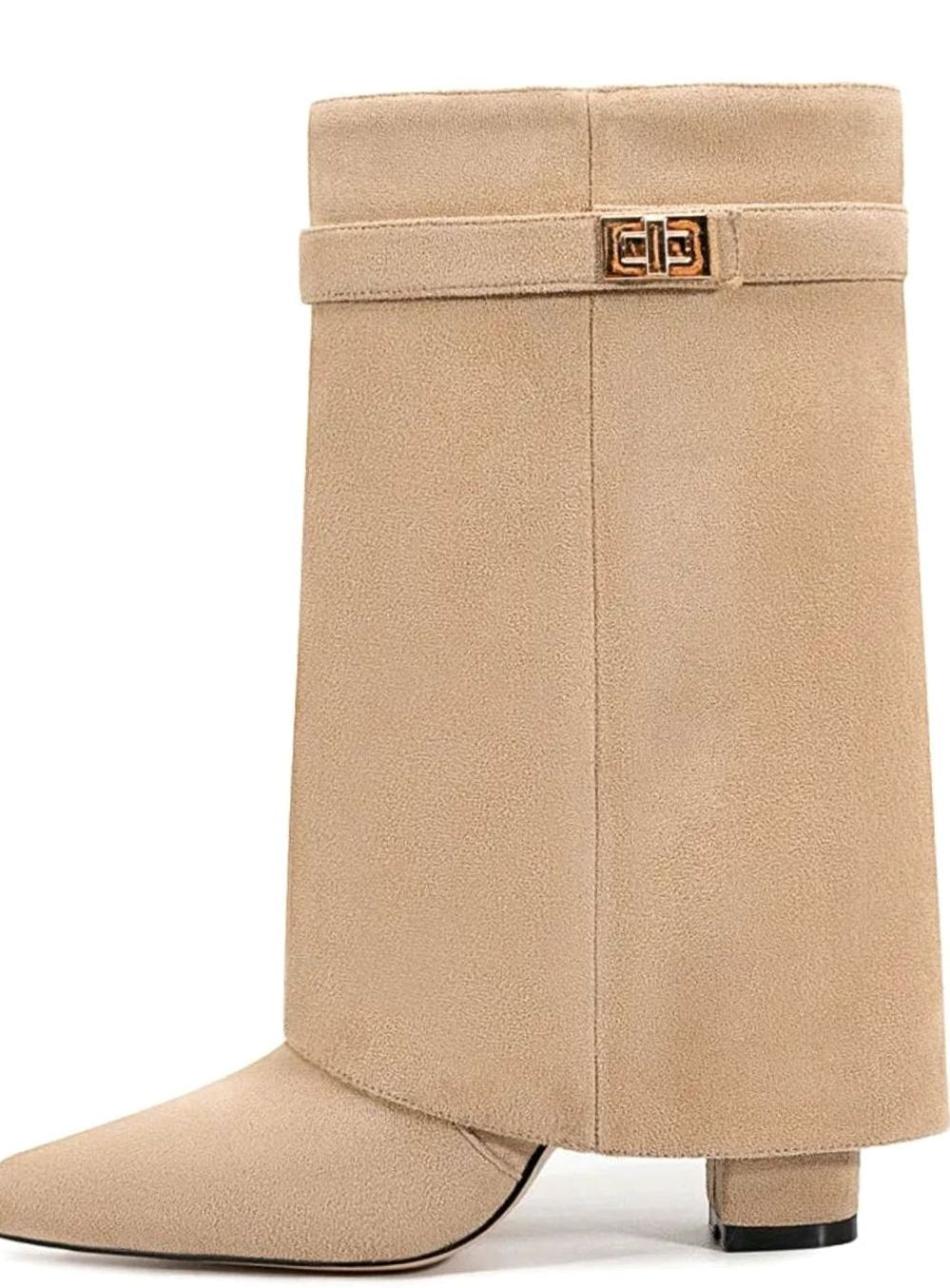 Women's Suede Fold-Over Knee-High Boots Gold Lock Buckle - Apricot Short
