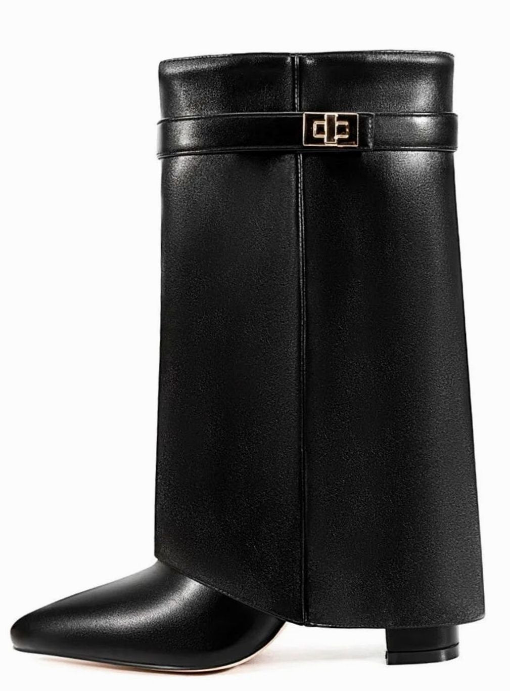 Women's Suede Fold-Over Knee-High Boots Gold Lock Buckle - Black PU Short