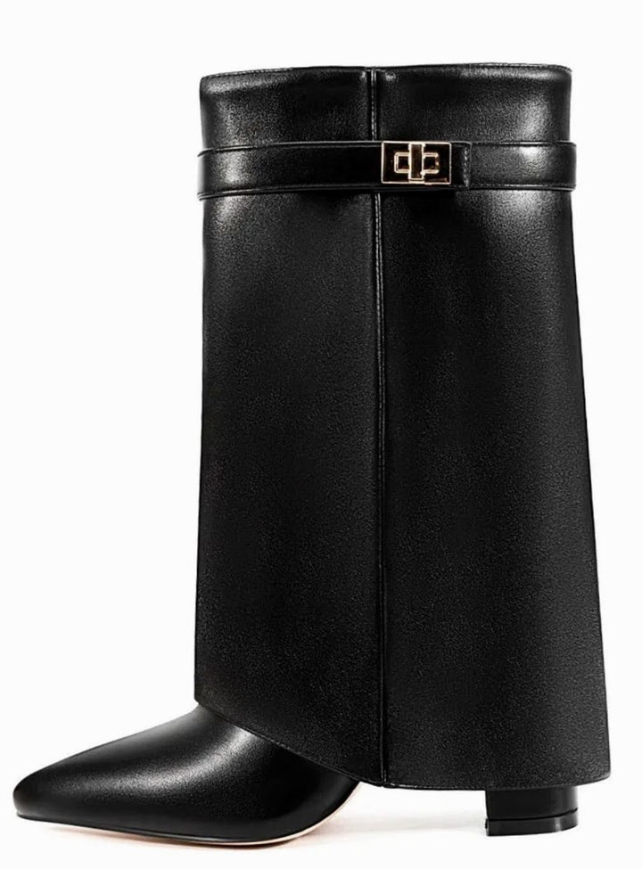 Women's Suede Fold-Over Knee-High Boots Gold Lock Buckle - Black PU Short