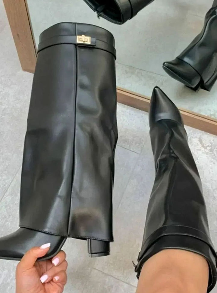 Women's Suede Fold-Over Knee-High Boots Gold Lock Buckle