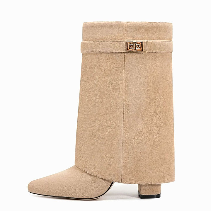 Women's Suede Fold-Over Knee-High Boots Gold Lock Buckle