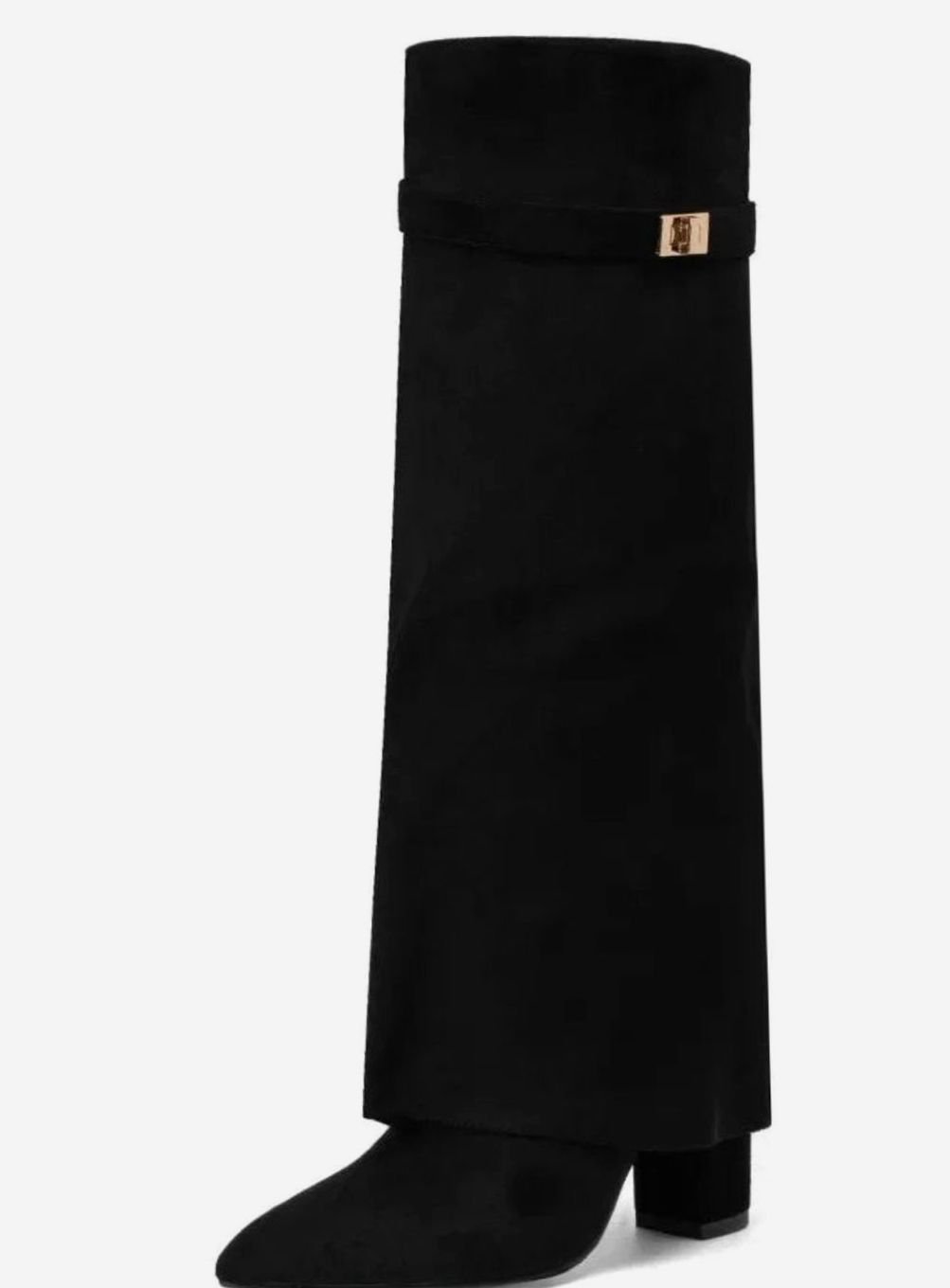 Women's Suede Fold-Over Knee-High Boots Gold Lock Buckle - Black Suede