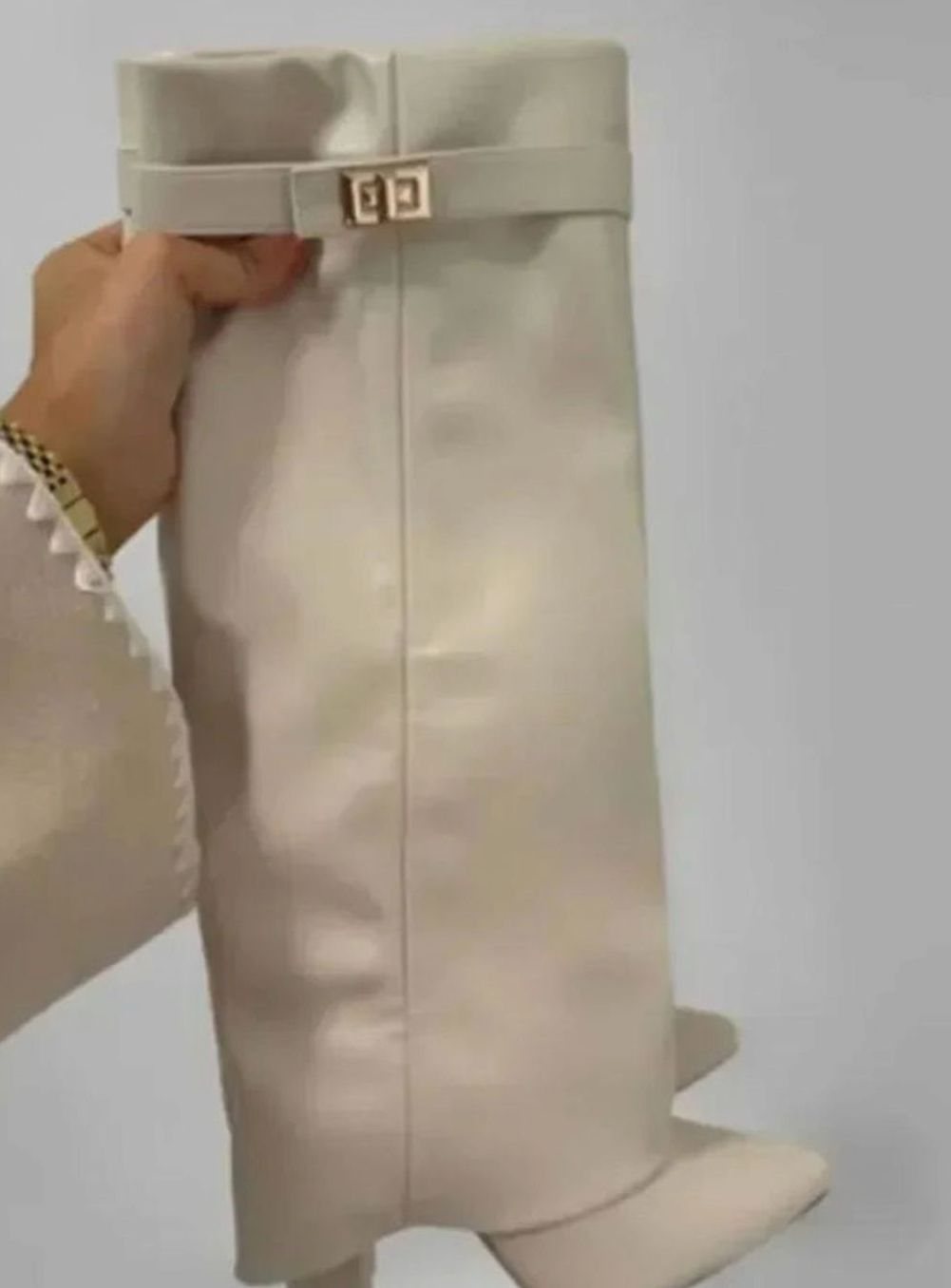 Women's Suede Fold-Over Knee-High Boots Gold Lock Buckle - White