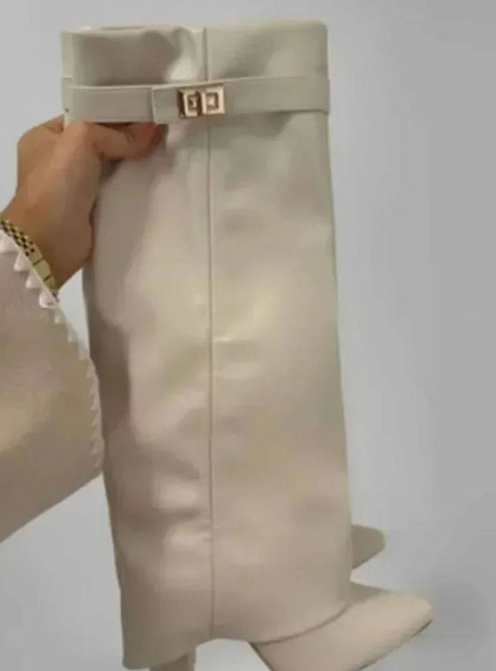 Women's Suede Fold-Over Knee-High Boots Gold Lock Buckle - White