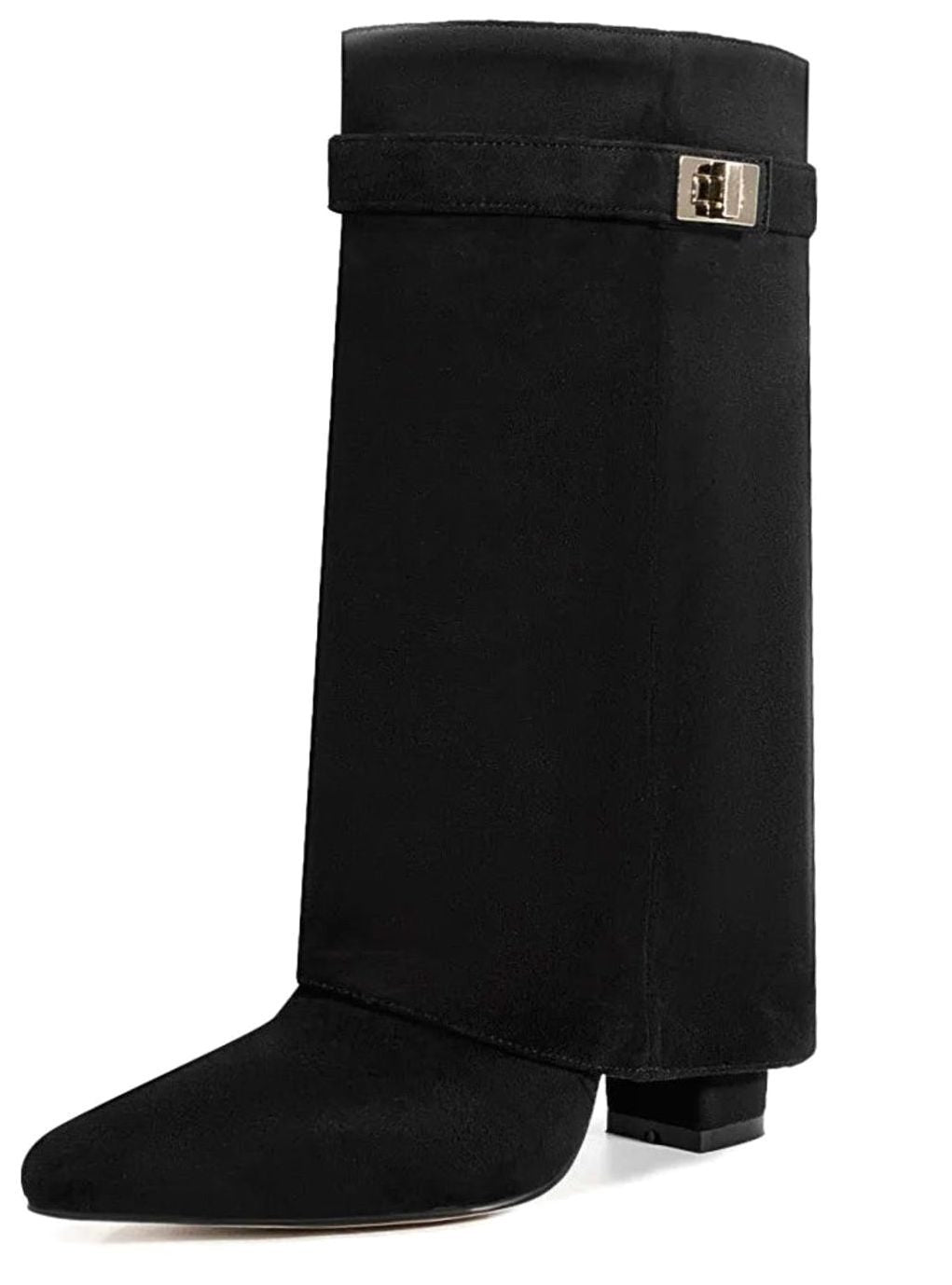 Women's Suede Fold-Over Knee-High Boots Gold Lock Buckle - Black Suede Short