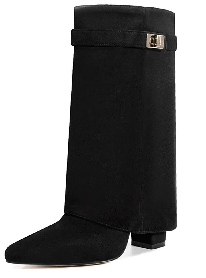 Women's Suede Fold-Over Knee-High Boots Gold Lock Buckle - Black Suede Short