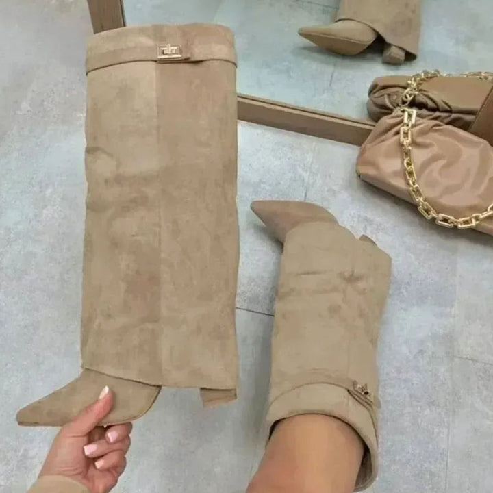 Women's Suede Fold-Over Knee-High Boots Gold Lock Buckle - Apricot Suede
