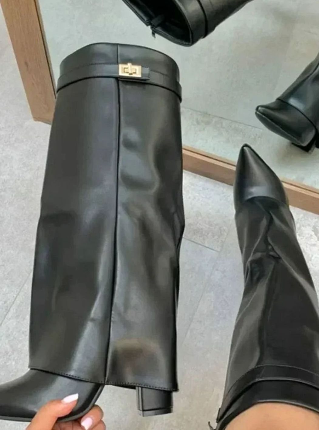 Women's Suede Fold-Over Knee-High Boots Gold Lock Buckle - Black