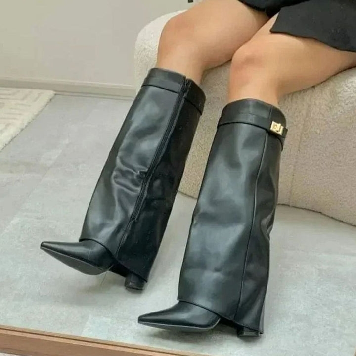 Women's Suede Fold-Over Knee-High Boots Gold Lock Buckle