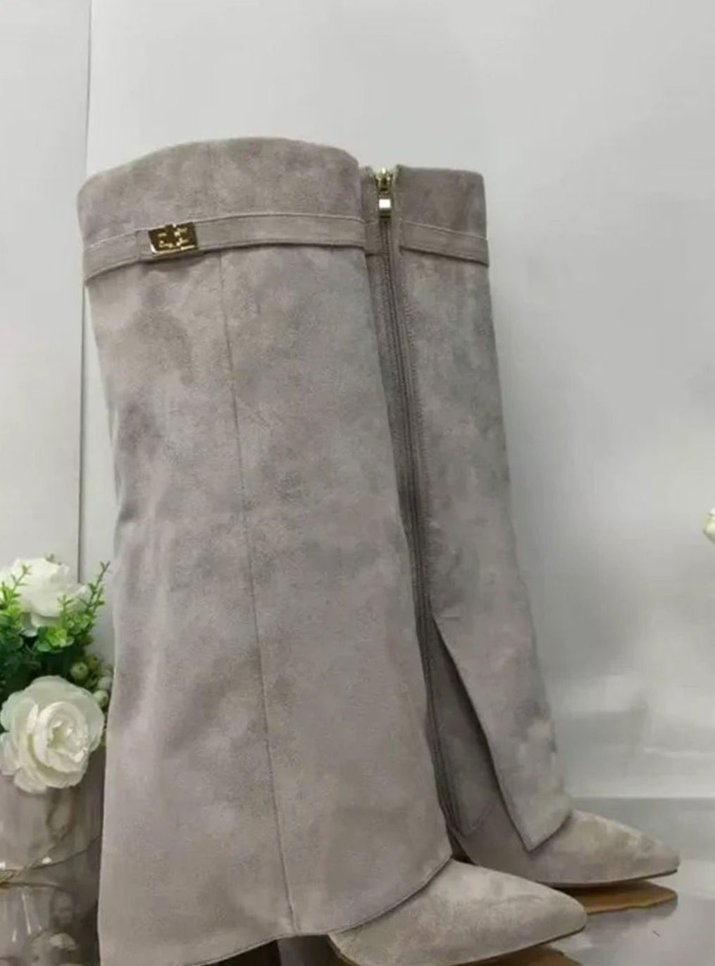 Women's Suede Fold-Over Knee-High Boots Gold Lock Buckle - Gray