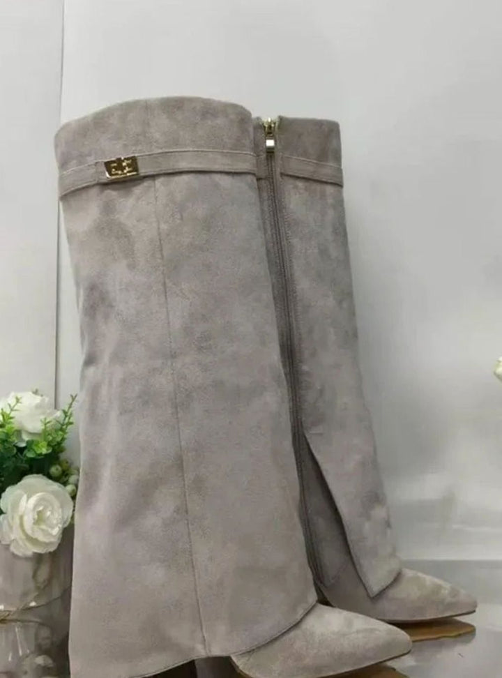 Women's Suede Fold-Over Knee-High Boots Gold Lock Buckle - Gray