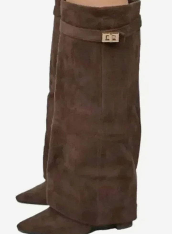 Women's Suede Fold-Over Knee-High Boots Gold Lock Buckle - Brown Suede