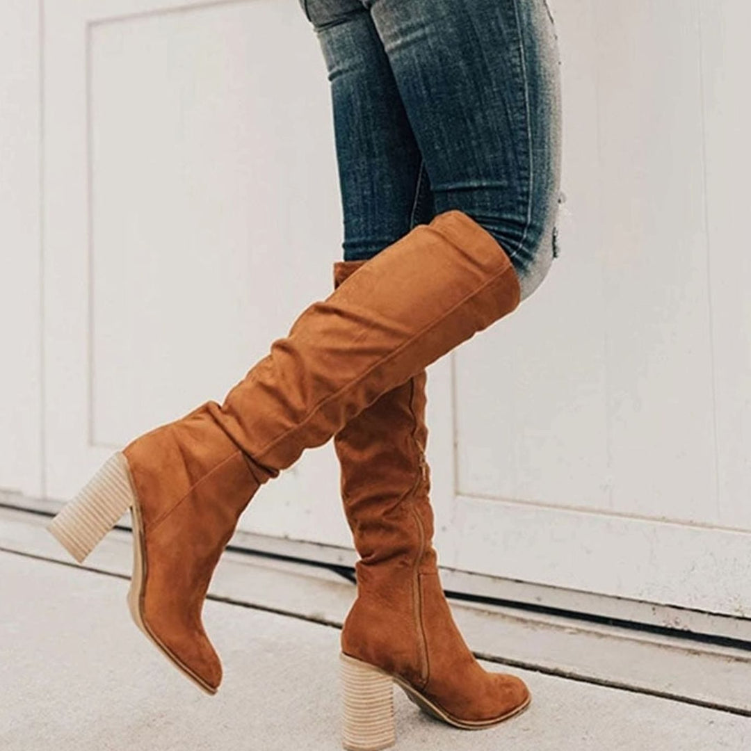 Women's Suede Knee-High Boots Block Heel Slouchy - Brown