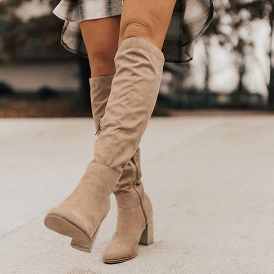 Women's Suede Knee-High Boots Block Heel Slouchy - Beige