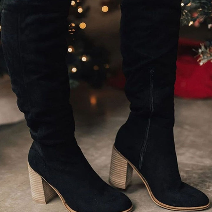Women's Suede Knee-High Boots Block Heel Slouchy - Black