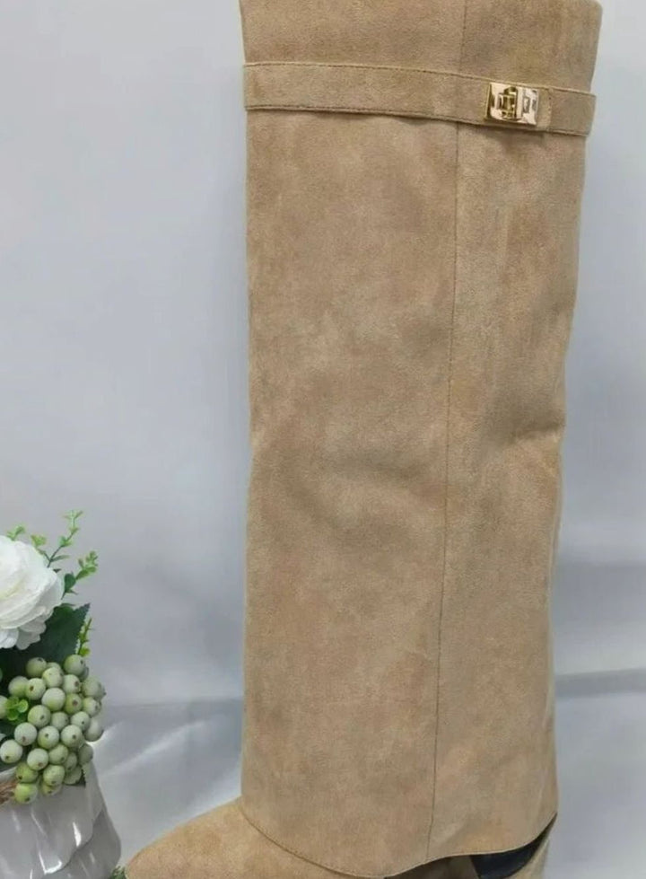 Women's Suede Knee-High Buckle Strap Thigh-High Boots - Apricot
