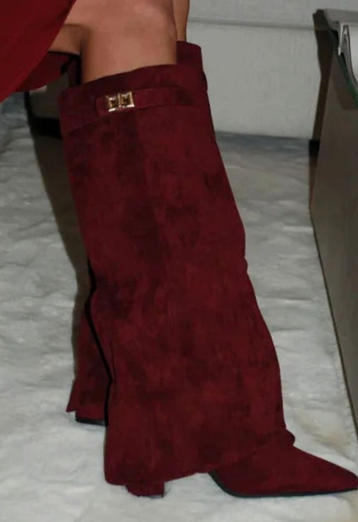 Women's Suede Knee-High Buckle Strap Thigh-High Boots - Red Suede