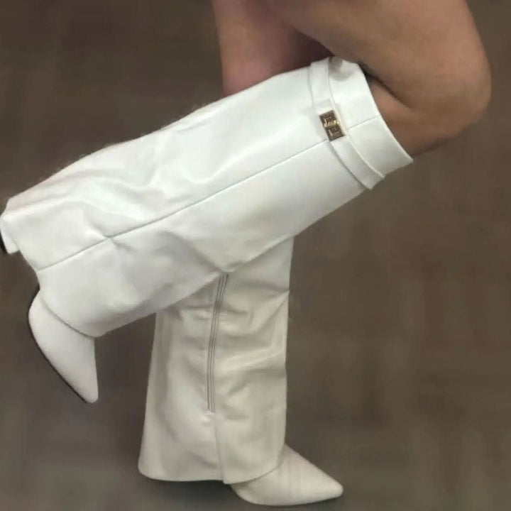 Women's Suede Knee-High Buckle Strap Thigh-High Boots - White