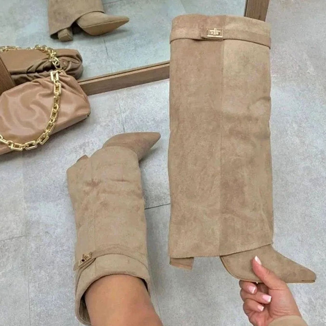Women's Suede Knee-High Buckle Strap Thigh-High Boots - Apricot Plush