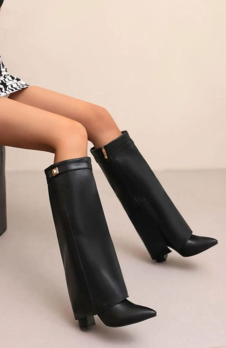 Women's Suede Knee-High Buckle Strap Thigh-High Boots - Black Plush